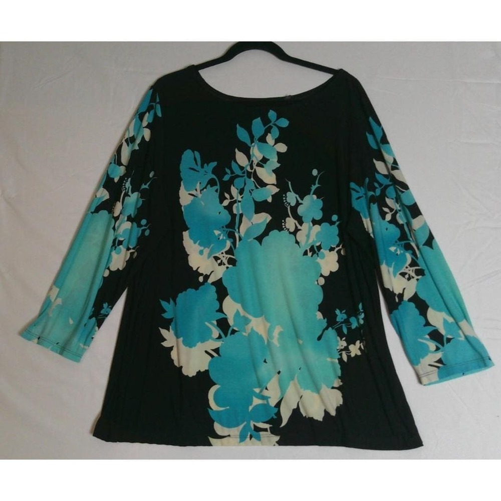 Investments Womens 2X Top Black Turquoise Floral 3/4 Sleeve Scoop Neck Blouse
